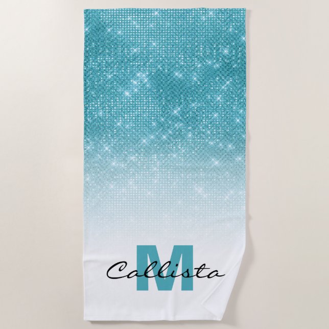 Glamorous Aqua Blue Glitter Sequin Ombre Monogram Beach Towel (Front)