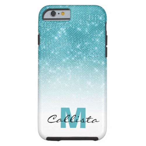 Glamorous Aqua Blue Glitter Sequin Ombre Monogram Tough iPhone 6 Case