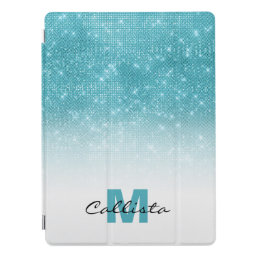Glamorous Aqua Blue Glitter Sequin Ombre Monogram iPad Pro Cover