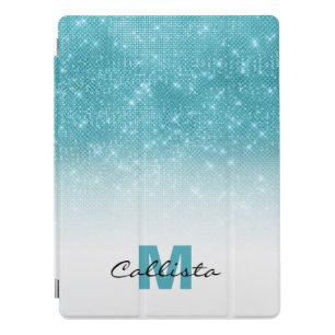 Glamorous Aqua Blue Glitter Sequin Ombre Monogram iPad Pro Cover