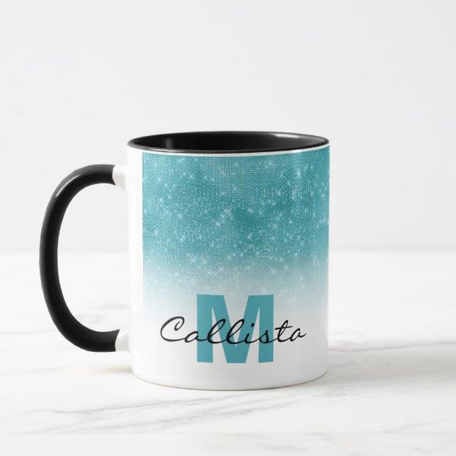 Glamorous Aqua Blue Glitter Sequin Ombre Monogram Mug (Left)