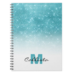 Glamorous Aqua Blue Glitter Sequin Ombre Monogram Notebook