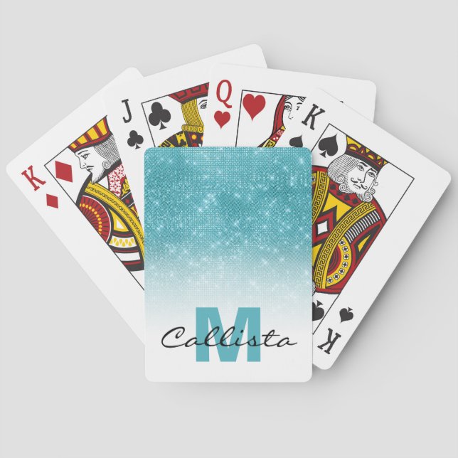 Glamorous Aqua Blue Glitter Sequin Ombre Monogram Poker Cards (Back)