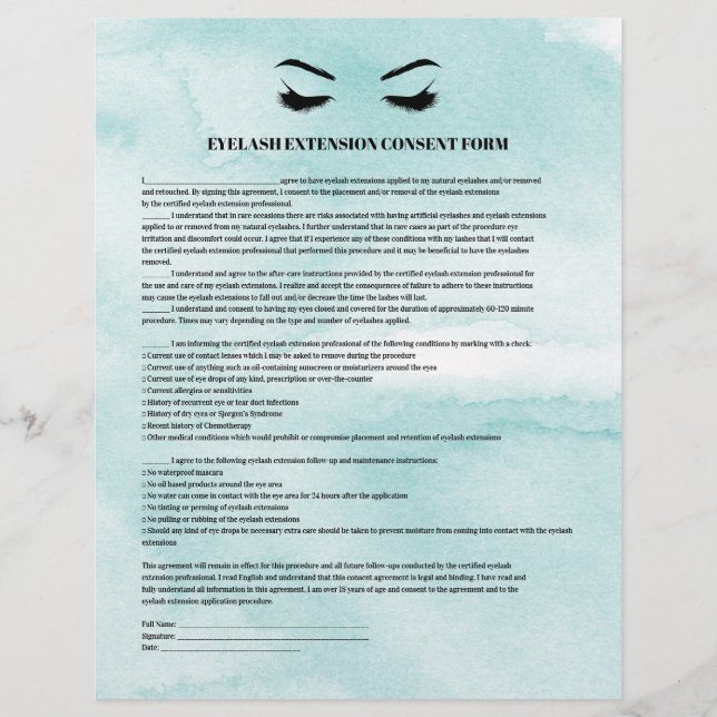 Glamorous Aqua EYELASH EXTENSION CONSENT FORM Flyer (Front)