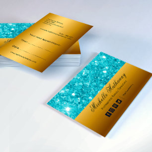 Glamorous Aqua Glitter and Gold Beauty Consultant Business Card