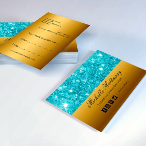 Glamorous Aqua Glitter and Gold Beauty Consultant  Business Card