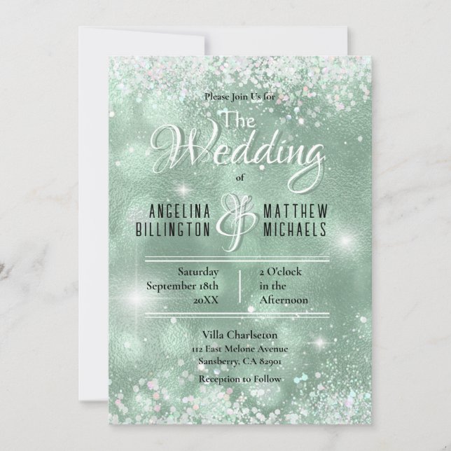 Glamorous Aqua Glitter Luxury Wedding Invitation (Front)