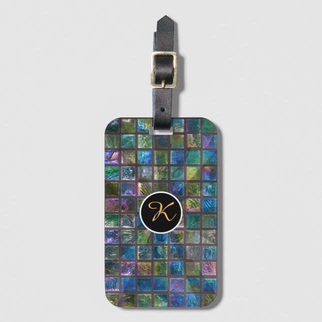 Glamorous Aqua Tiles Custom Monogram Luggage Tag (Front Vertical)