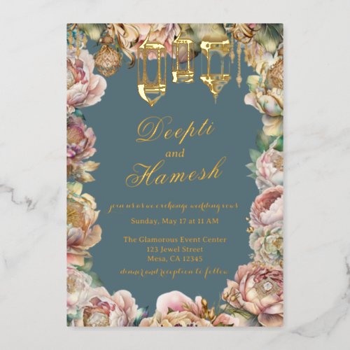 Glamorous Arabian Nights Blue Floral Wedding Foil Invitation