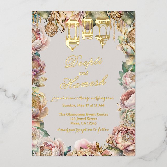 Glamorous Arabian Nights Pastel Floral Wedding Foil Invitation (Front)