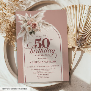 Glamorous Arch Pastel Pink Pampas Floral Fifity Invitation
