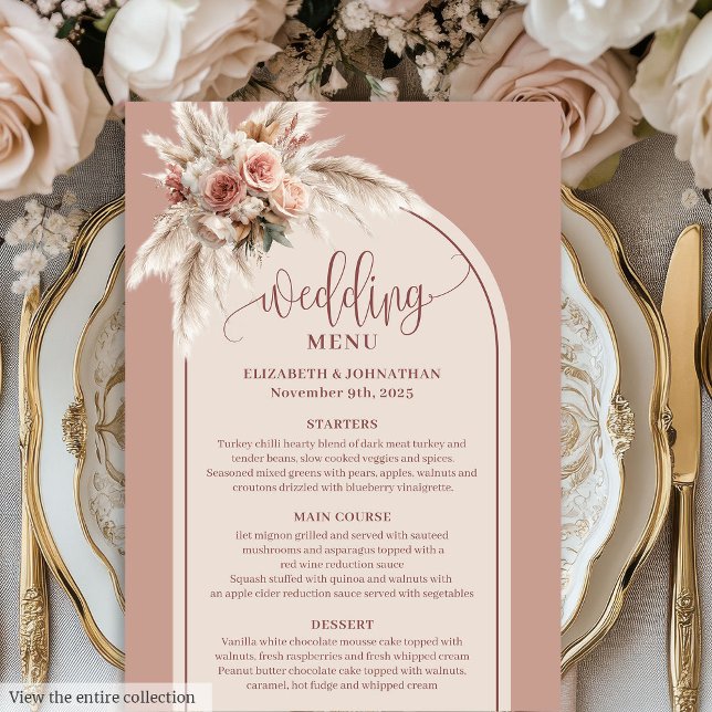 Glamorous Arch Pastel Pink Pampas Floral Wedding  Menu (Glamorous Arch Pastel Pink Pampas Floral Wedding Menu)