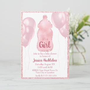 Glamorous Baby Bottle and Balloons Pink Glitter Invitation