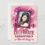 Glamorous Balloons And Wine Pink Birthday Photo Invitation at Zazzle