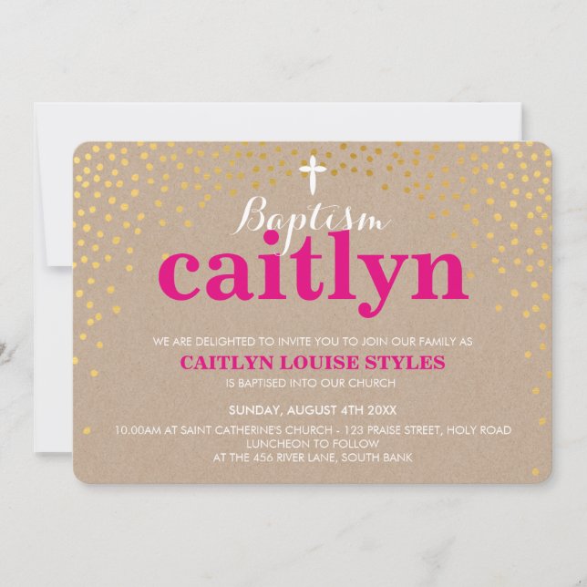 GLAMOROUS BAPTISM rustic gold confetti pink kraft Invitation (Front)