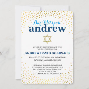 GLAMOROUS BAR MITZVAH rustic gold confetti blue Invitation