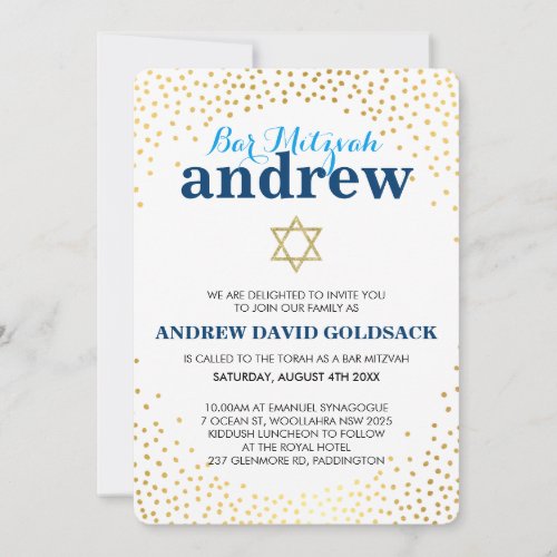 GLAMOROUS BAR MITZVAH rustic gold confetti blue Invitation