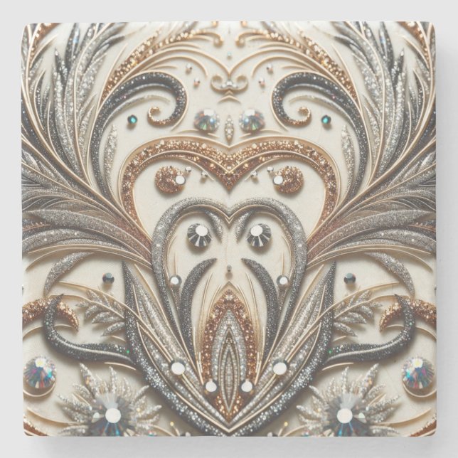 Glamorous Baroque Design with Glitter & Gemstones Stone Coaster (Front)