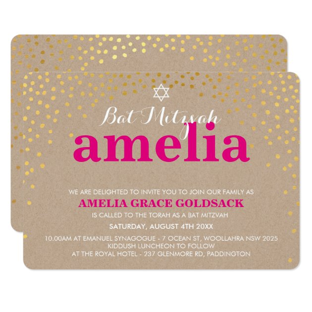 GLAMOROUS BAT MITZVAH Rustic Gold Confetti Kraft Invitation