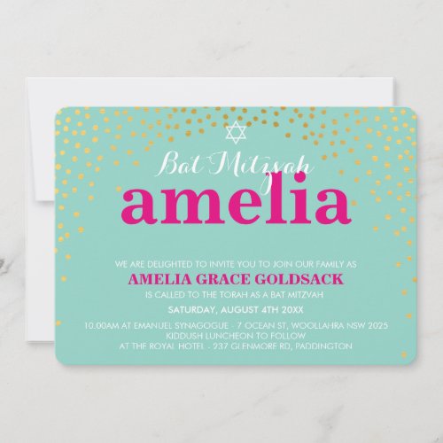 GLAMOROUS BAT MITZVAH rustic gold confetti mint Invitation