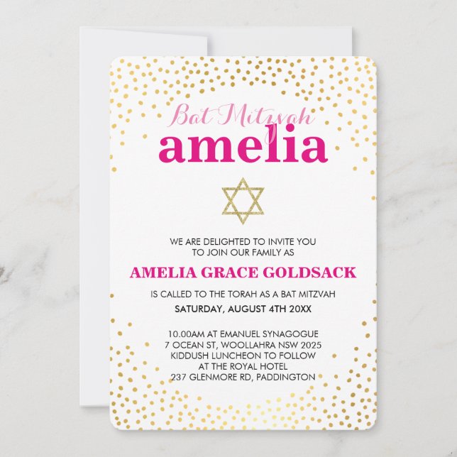 GLAMOROUS BAT MITZVAH rustic gold confetti pink Invitation (Front)