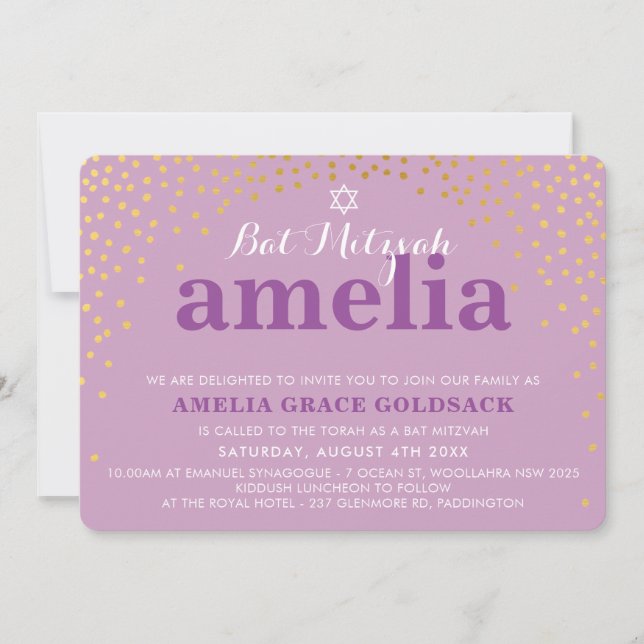 GLAMOROUS BAT MITZVAH rustic gold confetti purple Invitation (Front)