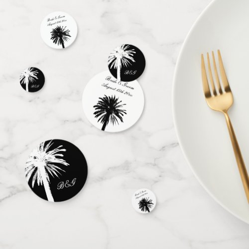 Glamorous beach wedding palm tree monogram table confetti