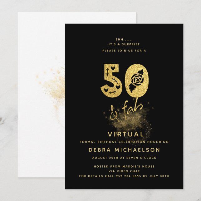 Glamorous Black and Gold 50 & Fab Virtual Birthday Invitation (Front/Back)