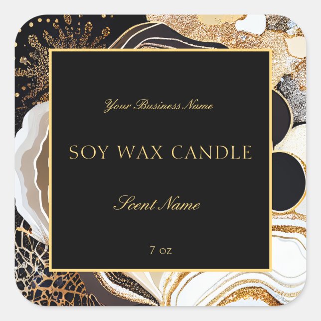 Glamorous Black and Gold Abstract Marble Agate Square Sticker (Front)