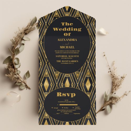 Glamorous Black and Gold Art Deco Wedding  All In One Invitation