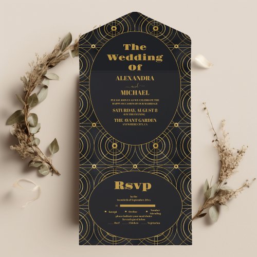 Glamorous Black and Gold Art Deco Wedding  All In One Invitation