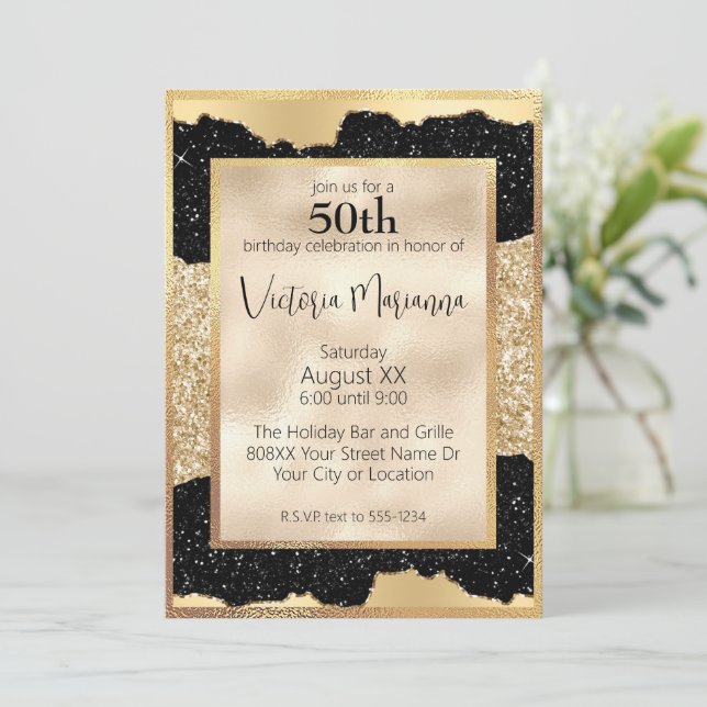 Glamorous Black and Gold Glitter 50th Birthday Invitation (Standing Front)