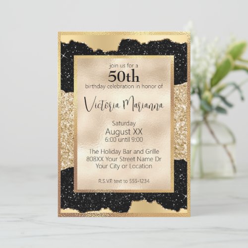 Glamorous Black and Gold Glitter 50th Birthday Invitation