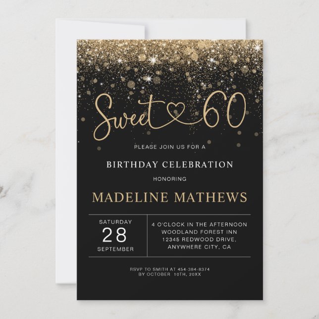 Glamorous Black and Gold Heart Sweet 60 Birthday I Invitation (Front)