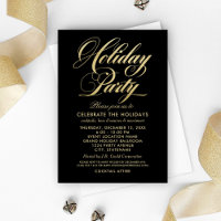 Glamorous Black and Gold Script Holiday Party