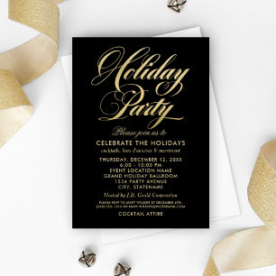 Glamorous Black and Gold Script Holiday Party Invitation