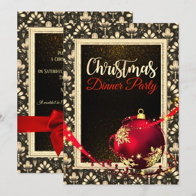 Glamorous Black and Golden Christmas Dinner Invite (Front/Back)