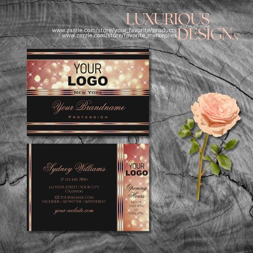 Glamorous Black and Rose Gold Sparkle Glitter Logo Business Card