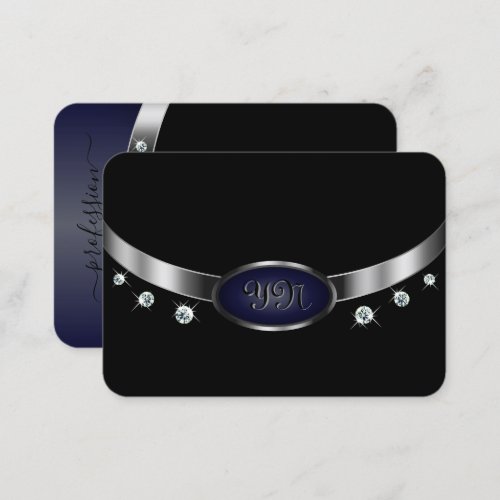 Glamorous Black and Silver with Monogram Diamonds Business Card