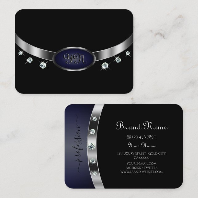Glamorous Black and Silver with Monogram Diamonds Business Card (Front/Back)