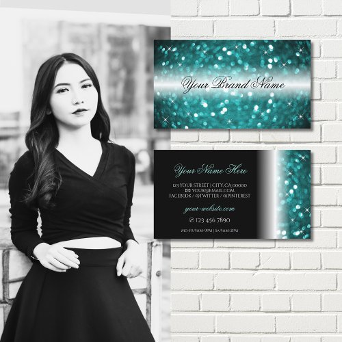 Glamorous Black and Teal Sparkling Glitter Stylish Business Card