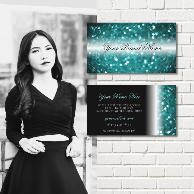 Glamorous Black and Teal Sparkling Glitter Stylish Business Card (Creator Uploaded)