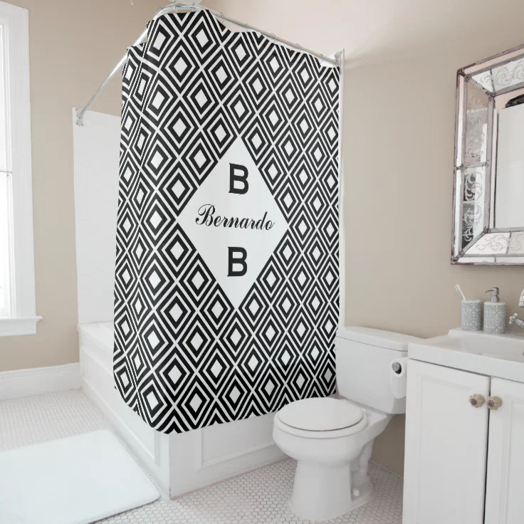 Glamorous black and white custom monogram shower curtain Zazzle
