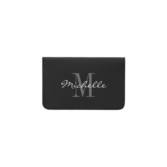 Glamorous black and white monogram biz card holder (Front Horizontal)