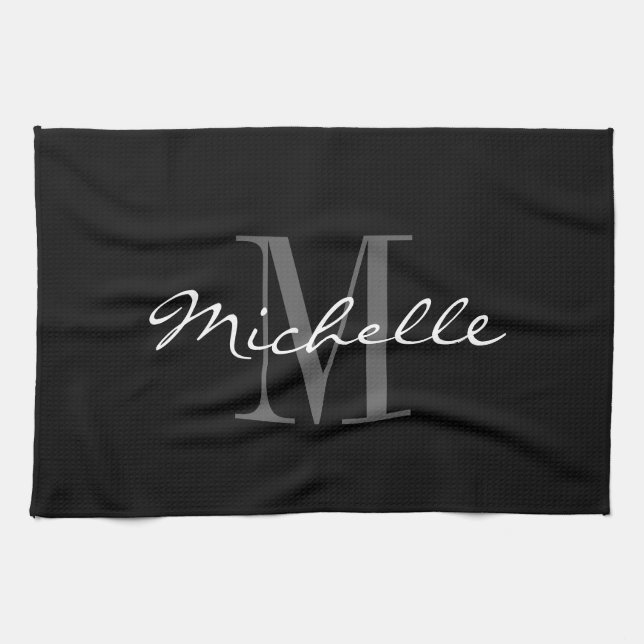 Glamorous black and white monogram kitchen towel (Horizontal)
