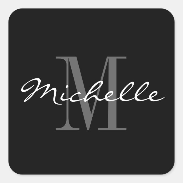 Glamorous black and white monogram square stickers (Front)