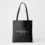 Glamorous black and white monogram tote bag<br><div class="desc">Glamorous black and white monogram tote bag. Stylish monogrammed design with script typography for personalized name. Add your own custom initial letter. Classy party favor gift idea for chic wedding, fancy Birthday, anniversary, bachelorette, engagement, girls weekend, bridal shower etc. Customizable background color. Trendy accessories for women and girls. Make your...</div>