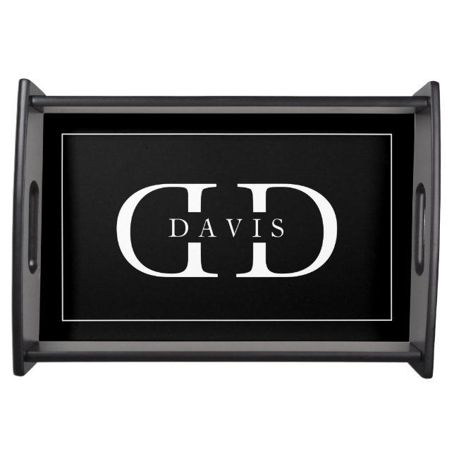 Glamorous black and white name initial monogram serving tray (Front)