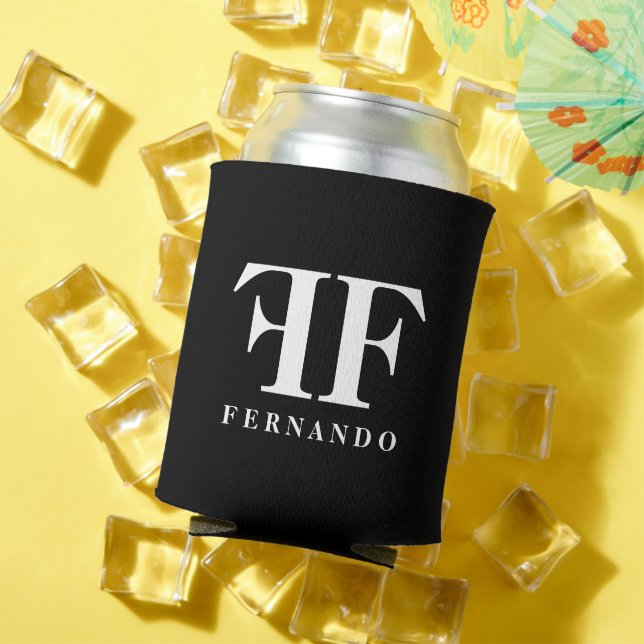 Glamorous black and white name initials monogram can cooler (In Situ Summer)