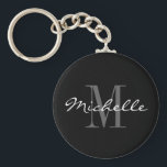 Glamorous black and white name monogram keychain<br><div class="desc">Glamorous black and white name monogram keychain. Classy script typography and custom background color. Elegant design for men women and kids. Monogrammed with your name initial letter. Cute birthday gift idea for dad, father, mom, mother, husband, wife, son, daughter etc. Also nice as party favor at chic weddings, reunion, graduation...</div>